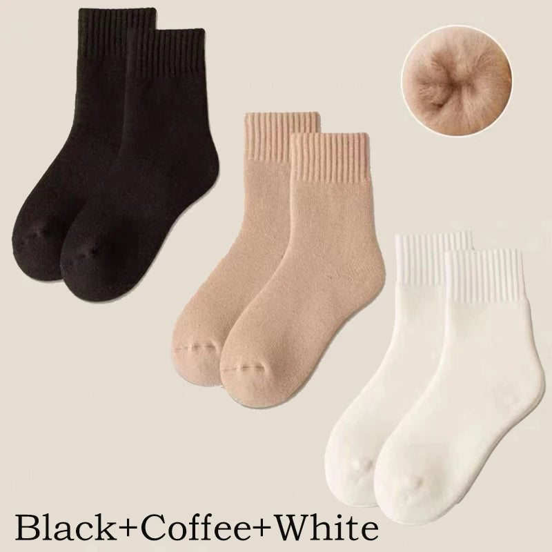 3 Pairs Wool Socks Women Winter Warm Thicken Snow Boot Markron Color Plush Hairy Soft Mid Tube Stockings Floor Sleep Socks White