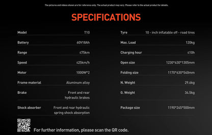 JOYOR T10 Foldable Adult Electric Scooter E-Scooter 25/60 km/h Electric Kick Scooter 2000W Skateboards 60V 18Ah Kickboard