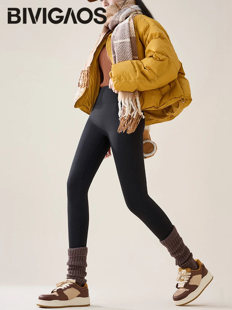 BIVIGAOS Autumn Winter High Waist Fleece Sharkskin Leggings Women Seamless Slim Tight-Fit Velvet Thickened Elastic Warm leggings.