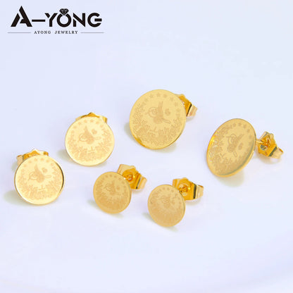 Simple Turkish Liberty Coin Stud Earrings 18k Gold Plated Round Ear Nail Dubai Arab Women Engagement Wedding Party Jewelry.