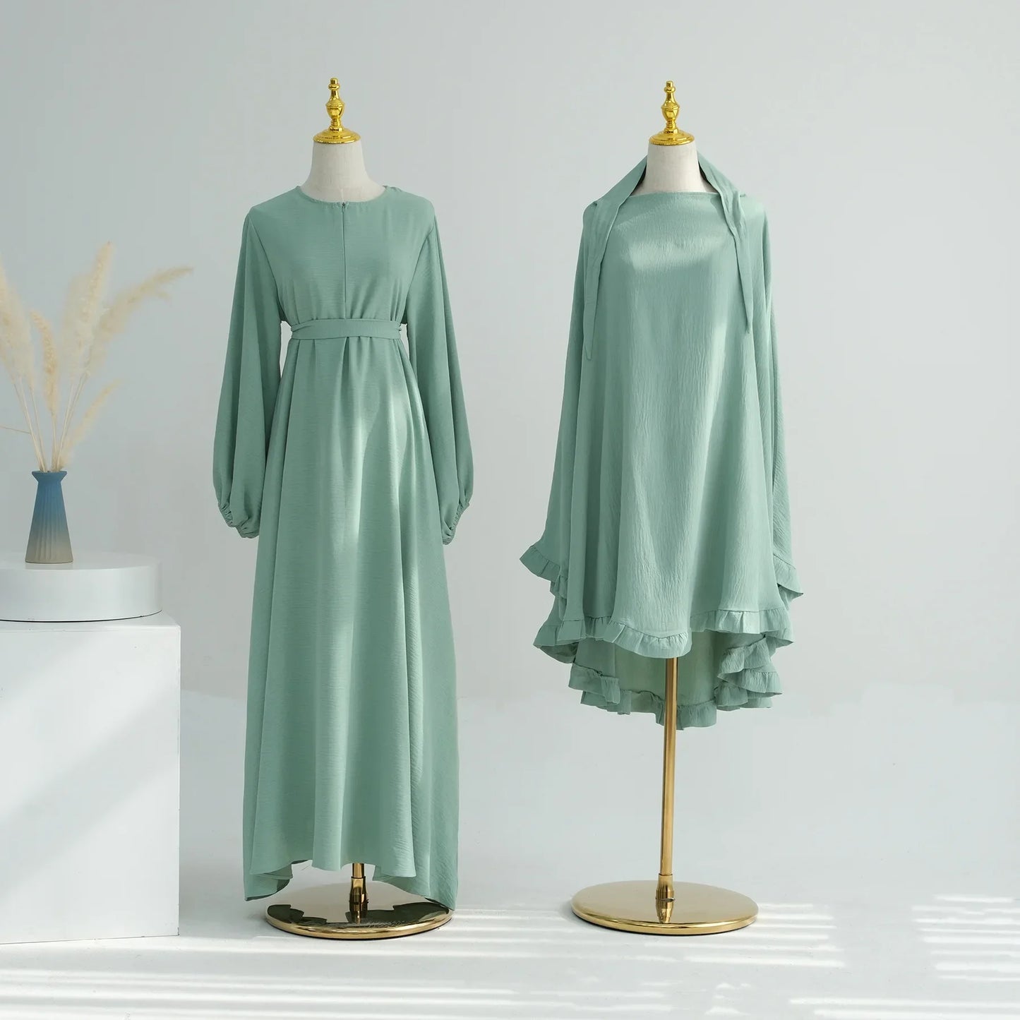 Muslim Woman Abaya with Khimar 2 Piece Set Crinkled Fabric Ruffles Hijab with Irregular Prayer Dress Islam Dubai Turkey Ramadan.