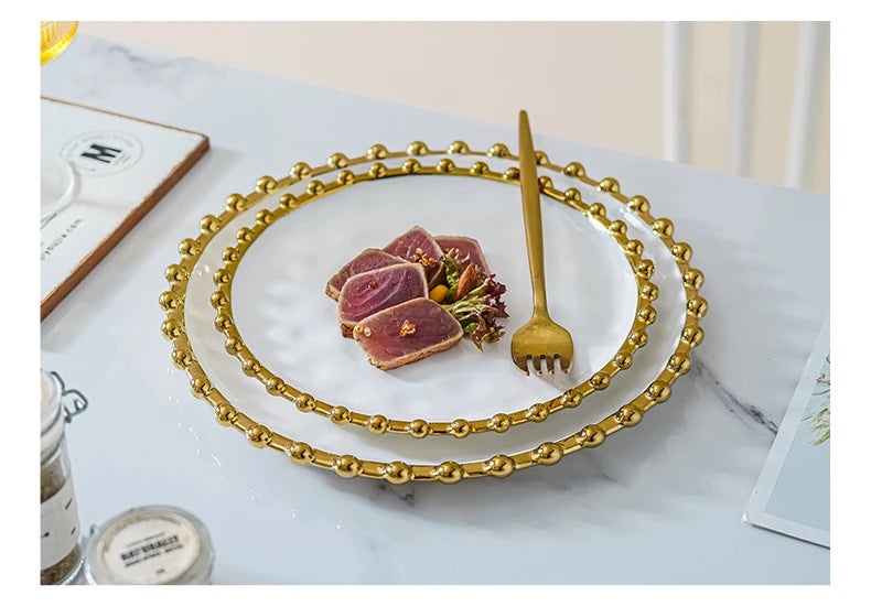 Nordic Ins Style Golden Edge Bead Plate Western Food Steak Plate Home Network Red Dish Creative Tableware Plate Breakfast Salad.