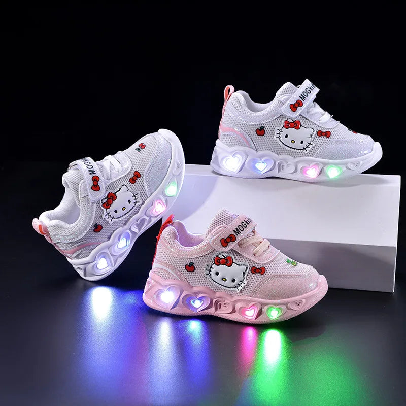 Kids'Casual Shoes Girls Led Light Cartoon PU Leather Fashion Sport Flat Bottom Shoes Breathable White Pink Size 21-30.