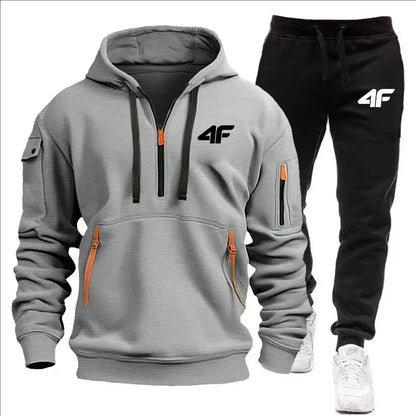 Autumn and winter casual jogging sportswear with zipper hood and multiple pockets, 2-piece set, large-sized S-3XL men's suit.