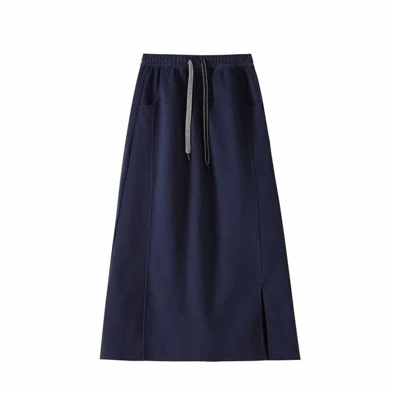 Women's Gray Split Midi Skirts Elasticity Waist Casual Loose Long Skirts Female Autumn Winter Thicken Plus Velvet Straight Skirt