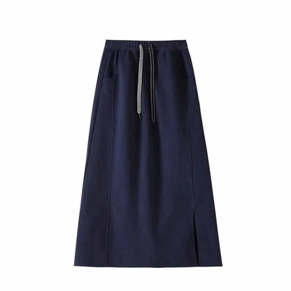 Women's Gray Split Midi Skirts Elasticity Waist Casual Loose Long Skirts Female Autumn Winter Thicken Plus Velvet Straight Skirt