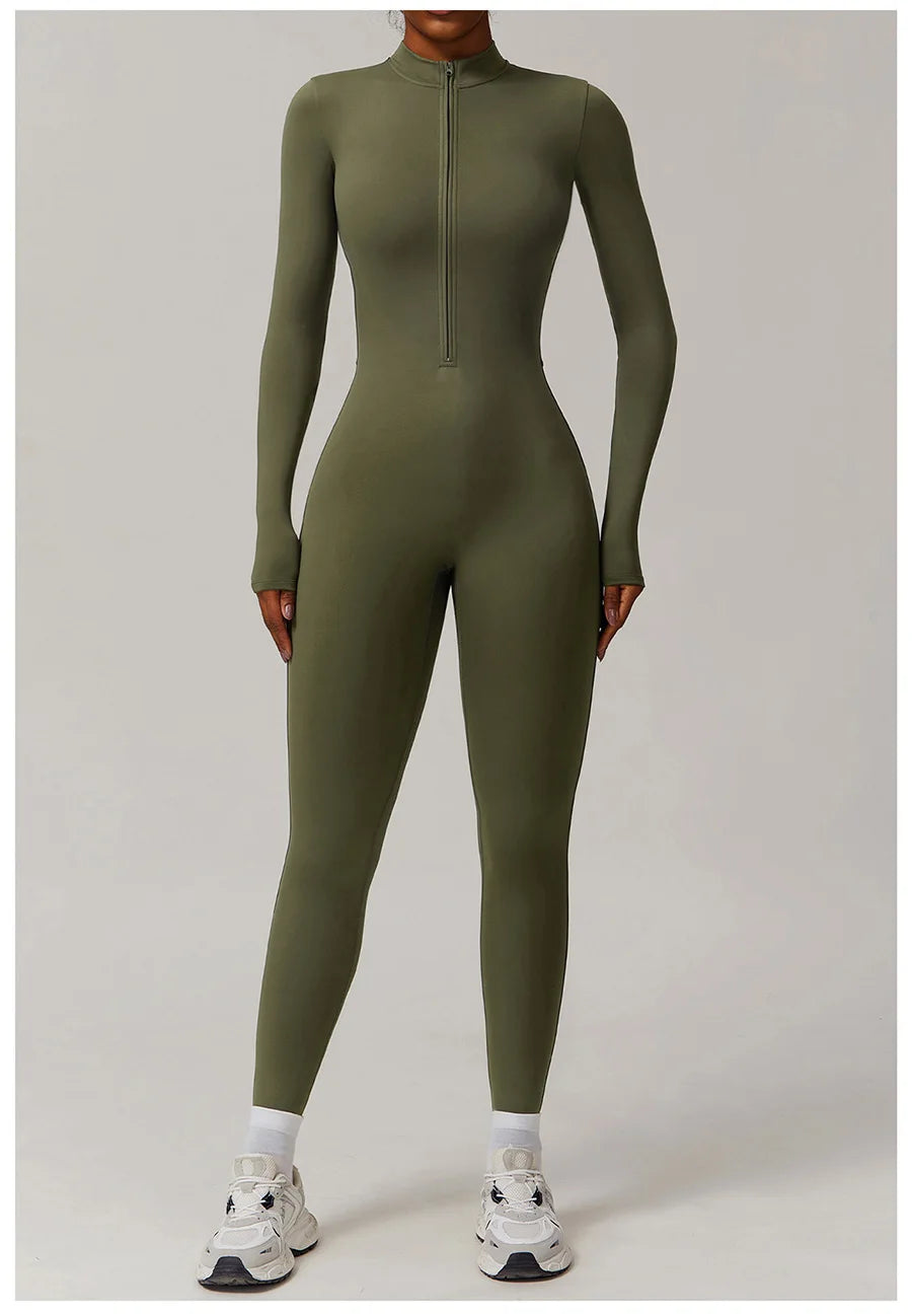 Zipper Workout Jumpsuit Sports Overalls Women Gym Clothing Running Long Sleeves Fitness Gym Tracksuit Short Sportswear Yoga Set.