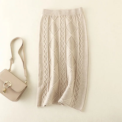 Fall Winter Thick Knitted Slim Skirt Women Casual Elastic High Waist Knitwears Straight Faldas Classic Solid Mid-length Saia New.