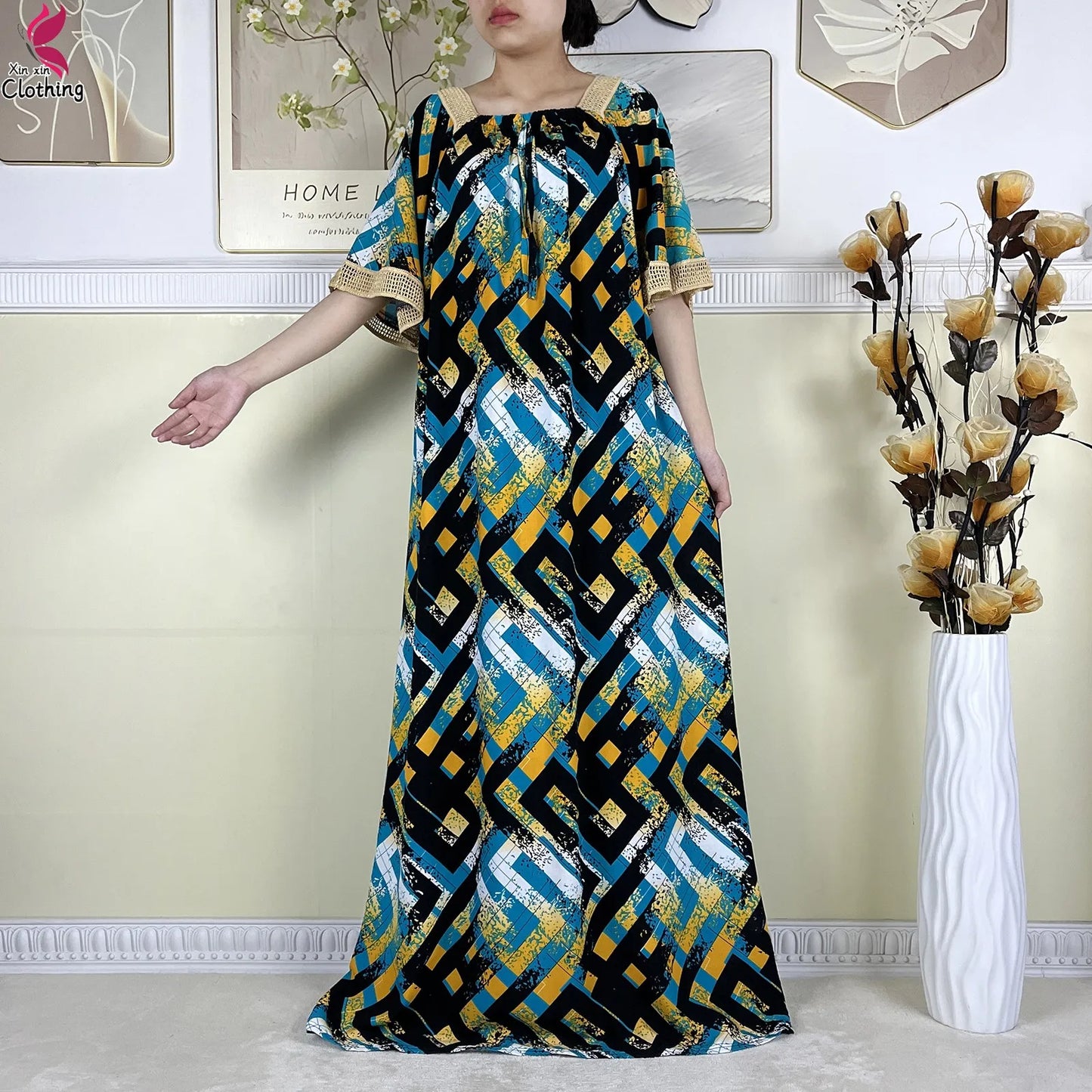 New Muslim Dubai Elegant Dress Summer Short Sleeve African Abaya Printing Cotton Loose Femme Robe Islamic Dresses With Scarf.