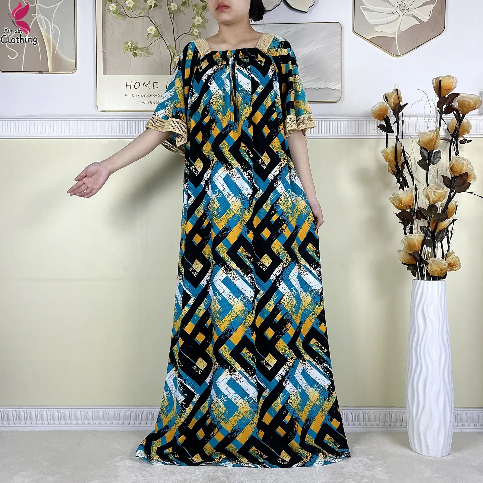 New Muslim Dubai Elegant Dress Summer Short Sleeve African Abaya Printing Cotton Loose Femme Robe Islamic Dresses With Scarf.