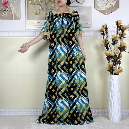 New Muslim Dubai Elegant Dress Summer Short Sleeve African Abaya Printing Cotton Loose Femme Robe Islamic Dresses With Scarf.