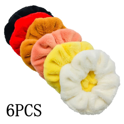 6pc Hair Scrunchies Furry Elastic Band Women Girl Ponytail Holder Rubber Ties Accessories Plush Faux Fur Soft Chiffon Headband