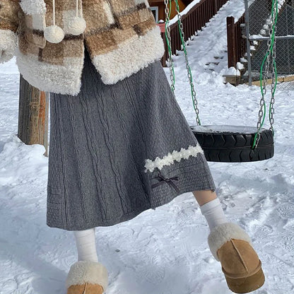 Clothes for Women Autumn Winter Japanese Style Kawaii Sweet Chic Knitted Skirts Female High Waist Solid Loose A-line Midi Skirt.