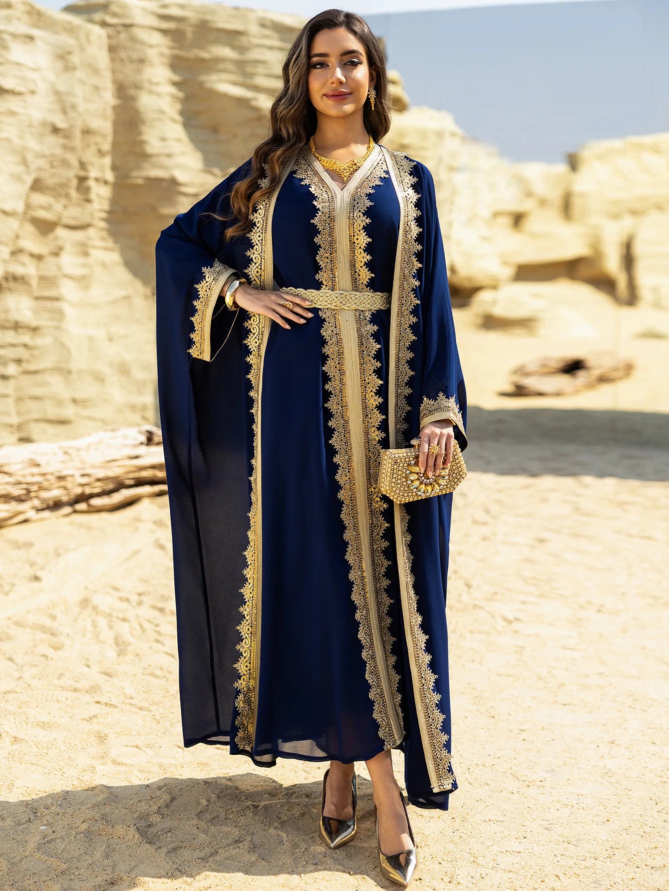 Eid Frauen Abaya Kleid Muslim 2-teiliges Set Strickjacke mit Innenkleid Schnürmantel Kaftan Robe Jalabiya Ramadan Marokko Kaftan 2025