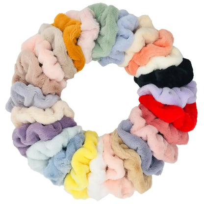 6pc Hair Scrunchies Furry Elastic Band Women Girl Ponytail Holder Rubber Ties Accessories Plush Faux Fur Soft Chiffon Headband.