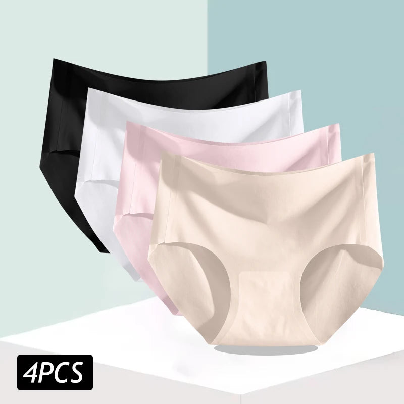 4PCS/Set Women's Ice Silk Seamless Panties Ultra Thin Briefs Breathable Underwear Female High Waist Intimates Lingerie Plus Size