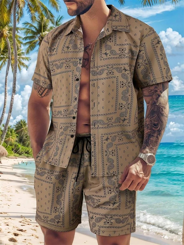 A Comfortable Summer Men's Suit Featuring Short-sleeved Shirts And Loose Shorts, A Two-piece Outdoor Fashion Set.