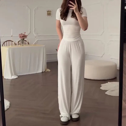 Solid Color Top Women Set Slim Fit Long Sleeved O-neck Top Pleated Straight Pocket Pants 2025 Spring/summer Vacation Women's Set.