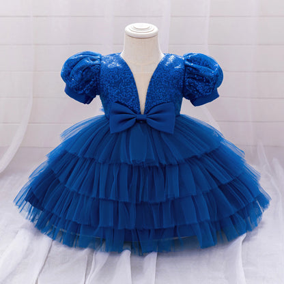 Kinder Abendkleid Pailletten Puffärmel Prinzessin Kleid Mesh Puffed Kleid Geburtstag Party Host Kleid