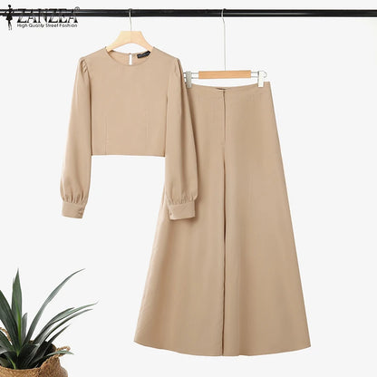 2025 ZANZEA Autumn Pant Sets 2PCS Women Outfits Long Sleeve Cropped Tops Wide Leg Trousers Solid Tracksuits Suit Matching Sets.