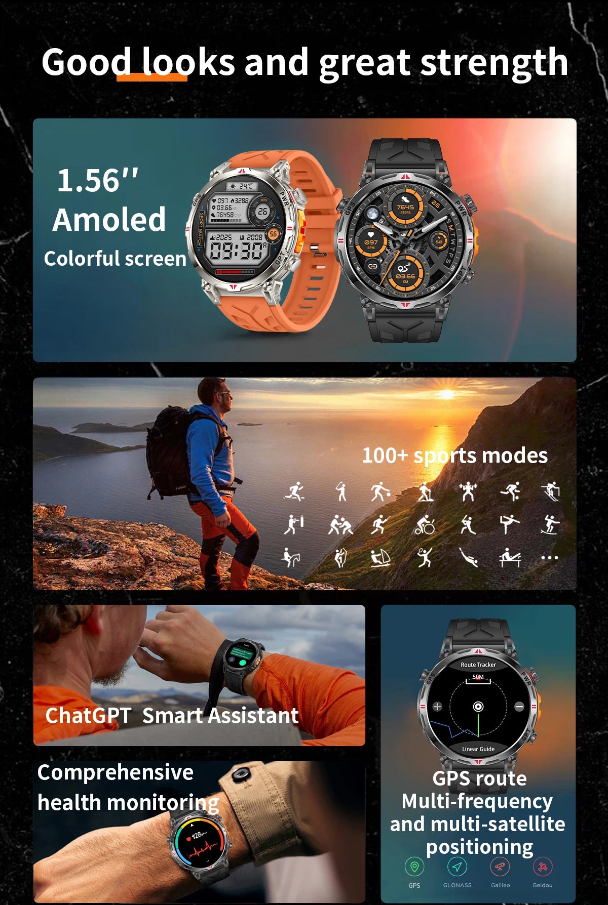 2025 GPS Sports Smart Watch GPT AMOLED 1.56 inch 488 * 488 Heart Rate Blood Oxygen Blood Pressure Monitoring 3ATM Smartwatches.