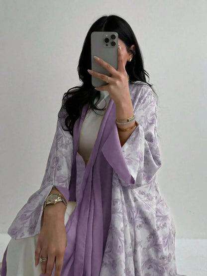 Lockeres, mit Blumenmuster bedrucktes Abaya-Langarmkleid für den orientalischen Nahen Osten für Damen, elegante Robe mit offener Vorderseite ohne Schal.