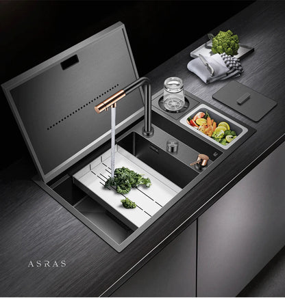 ASRAS Nanometer Hidden Flip Cover kitchen Island Sink 4mm Thickness Handmade Cup Rinser And Trash Can Kitchen Sinks