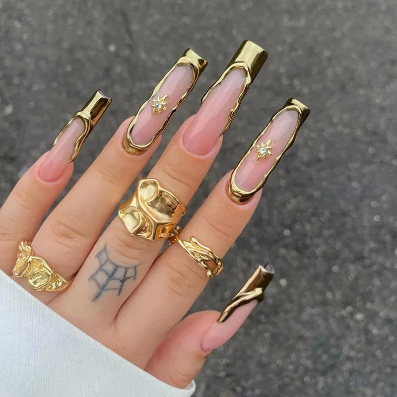 24Pcs 3D Long Ballet False Nails White Coffin Wave with French Design Wearable Fake Nails Gold Line Full Cover Press on Nails.