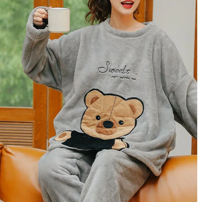 Thickened Warm Large Size Padded Fall and Winter Women's Pajamas Top and Pants Set Coral Velvet Ladies Cartoon Bear 2PCS/Set.