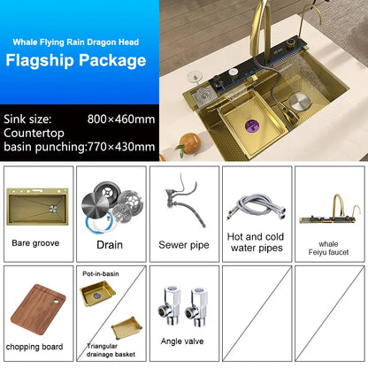 Golden Stainless Steel Kitchen Sink Waterfall Outlet Large Single Sink Digital Display Dishwashing and Vegetable Sinks
