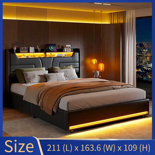 Creahappy Federkernmatratzenbett 160 x 200 cm, Doppelbett mit unabhängiger LED-Beleuchtung, stilvolles Polsterbett mit Stauraum