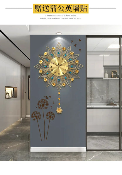 2024 heiß verkaufen Licht Luxus Eisen Kunst Atmosphäre High-End einfache Pfau Wanduhr Mode Wohnzimmer Uhr nach Hause Wandbehang