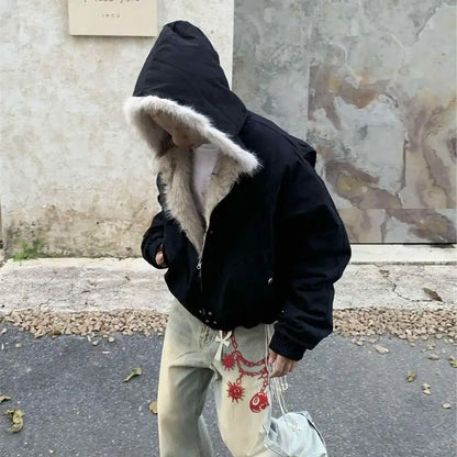 American Retro Woolen Collar Hooded Cotton Jacket Winter Thick Plush Top Men Street Hip-Hop Gothic Harajuku Oversize Jacket Coat.