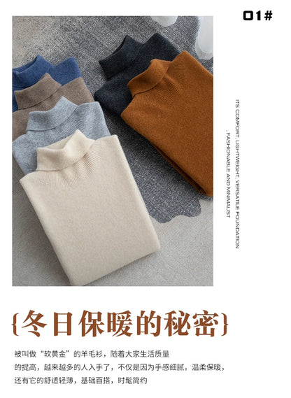 Men 100% Merino Wool Sweater Turtleneck Knitted Pullover Cashmere Warm Solid Color Clothes Business Bottoming Tops Autumn Winter.