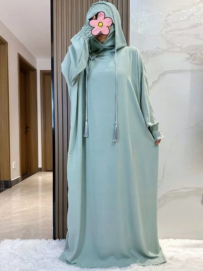 Muslim Abaya Solid Cotton Pullover Two Hat Women Eid Hooded Long Maxi Dress Turkey Kaftan Arab Robe Islamic Hijab Dubai Clothing