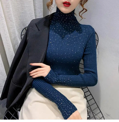Women Clothing Fashion Elegant Turtleneck Pullover Autumn Winter Solid Slim Long Sleeve Sweater Office Lady Casual Dignified Top.