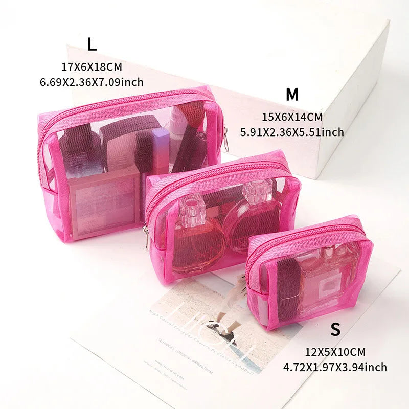 3Pcs/Set Small Large Cosmetic Bags Simple Mesh Storage Toiletry Bag PWomen Female Lightweight Transparent Makeup Bag with Zipper.