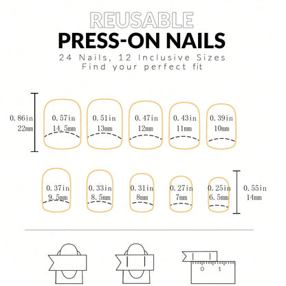 24pcs Medium Square White French Fake nails， Bow on nails Detachable And Reusable Jelly Glue 1pc Cuticle Pusher.