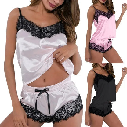 Sommer-Pyjama für Damen, sexy ärmelloses Pyjama-Set, Spitze, Hosenträger-Shorts, Homewear, zweiteiliges Set, romantische sexy Nachtwäsche.