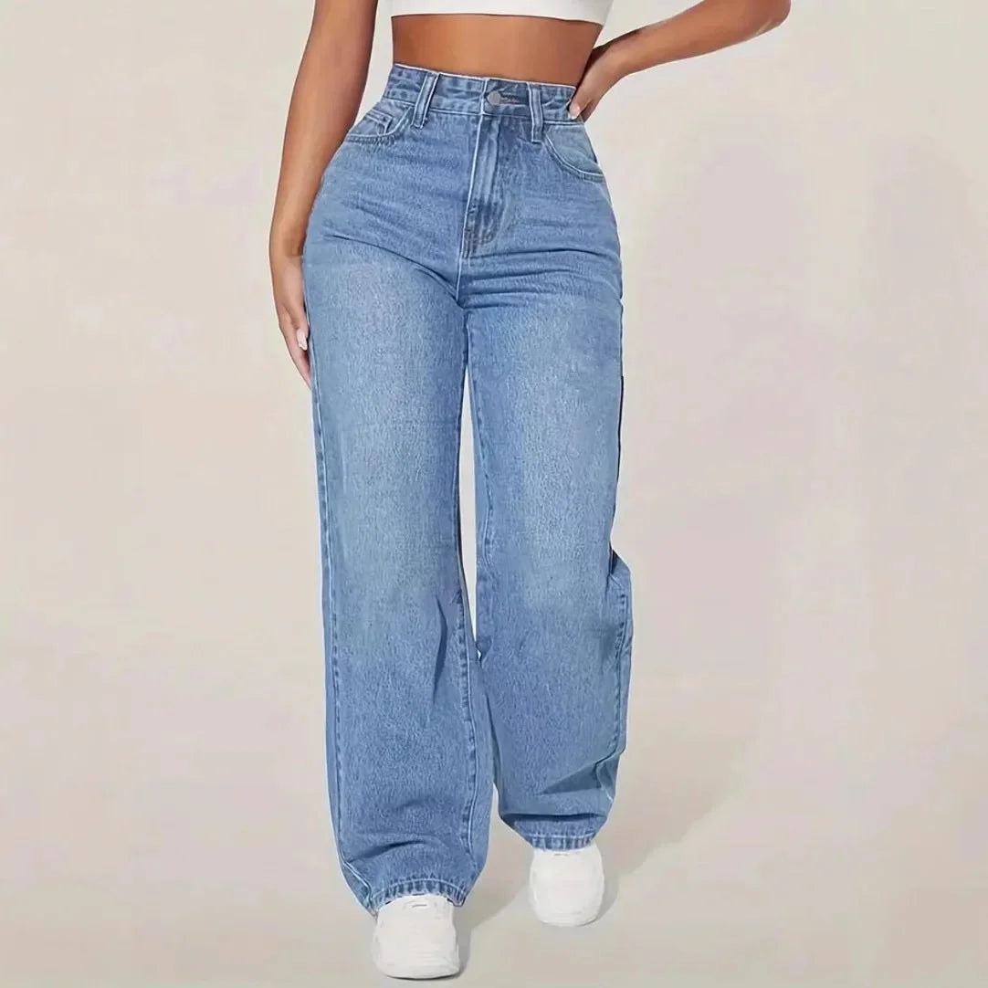 High Waist Straight Leg Jeans Women's Casual Spring Autumn New Style Cross-Border High Waist Wide Leg Jeans Water Washed.