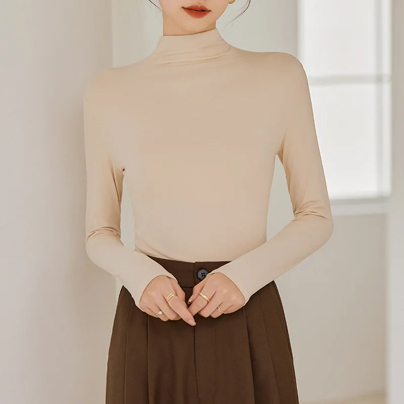 Damen Herbst Winter Slim Fit T-Shirt mit Stehkragen und langen Ärmeln, einfarbig, Basisschicht, weiches, hautfreundliches, nahtloses Unterhemd