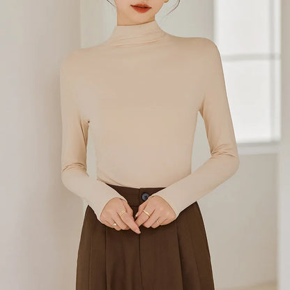 Damen Herbst Winter Slim Fit T-Shirt mit Stehkragen und langen Ärmeln, einfarbig, Basisschicht, weiches, hautfreundliches, nahtloses Unterhemd