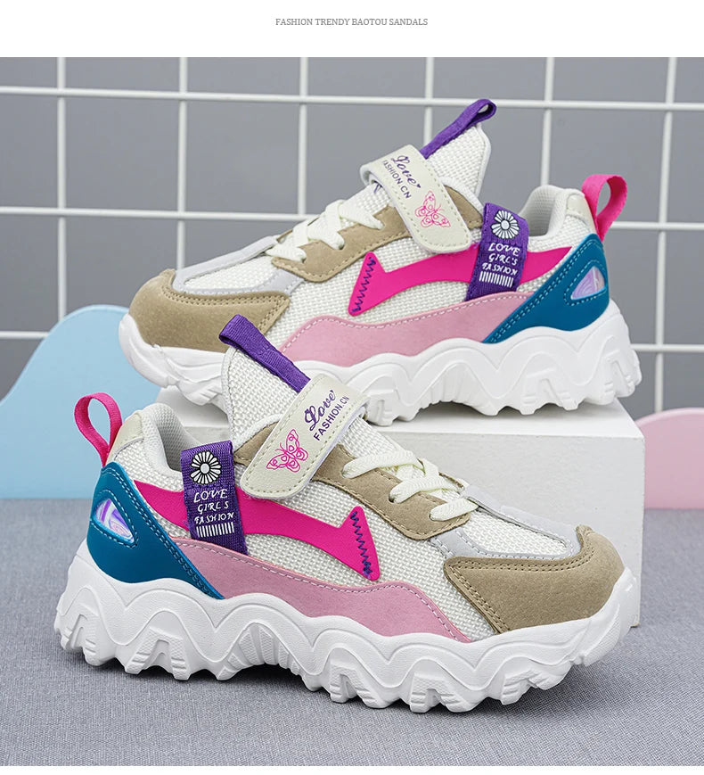 Fashion Children Shoes Girls Sneaker Black Pink PU Leather Platform Casual Sneaker School Tennis Sports Shoes for Girls.