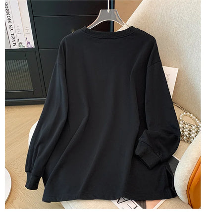 150 kg Übergröße Damen Büste 155 Frühling Herbst Lose Sweatshirt mit hellem Diamantherz Schwarz 5XL 6XL 7XL 8XL 9XL