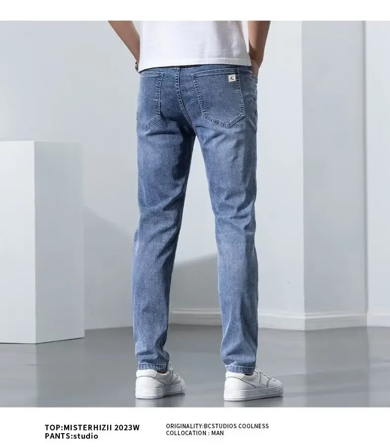 Hong Kong Summer Thin Men's Blue Jeans Slims Smooths Your Silhouette Feet Stretchy Korean Style Light Color Versatile Pants.