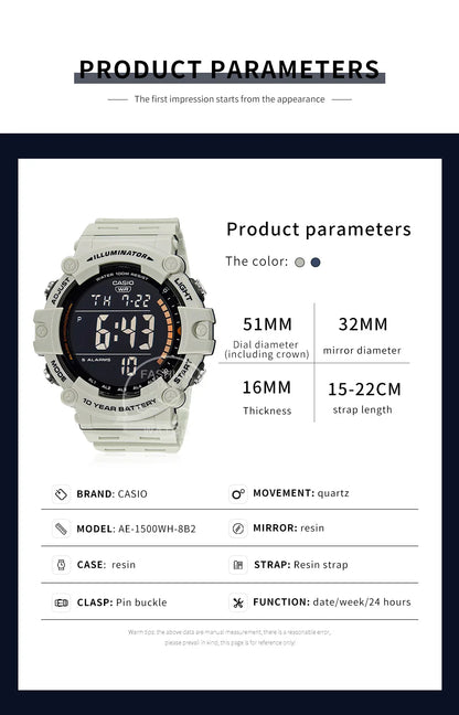 Casio Men's Watch Large Dial Sporty Model Stylish Cool Multifunctional Watches AE-1500WH-8B2.