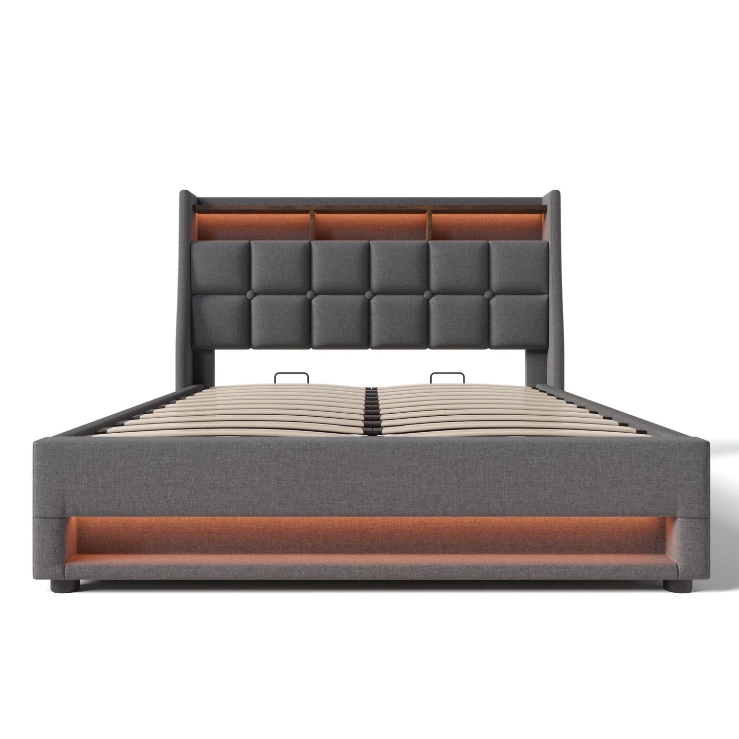 VSOGA Polsterbett mit USB 90/140/160 x200 cm, LED-Doppelbett mit Metallrahmenlatten, Bettrahmen aus Leinen (mit Matratze)