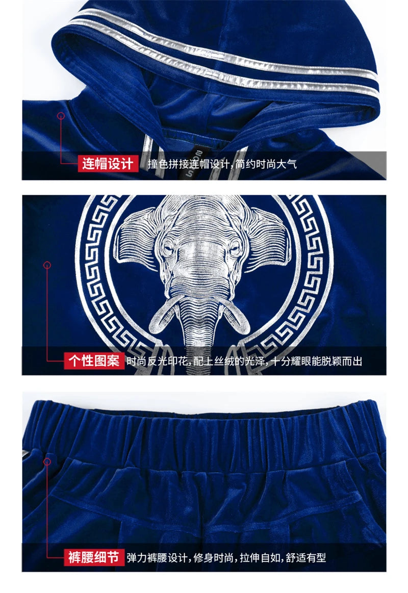 Korean Print Velvet 2 Piece Set Casual Hooded Women Outfit Harem Pant Suits Tracksuit Velour Jogging Femme Spring Fall Conjuntos.