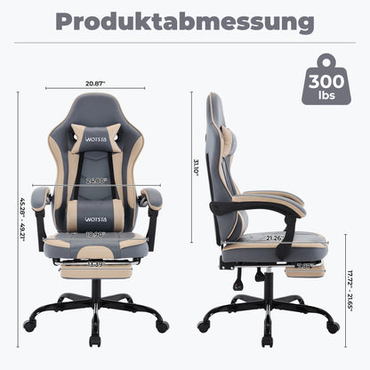WOTSTA Gaming-Stuhl mit Fußstütze, Gamer-Stühle, ergonomisch, mit Lendenkissen, Kopfstützenstuhl, höhenverstellbarer Computerstuhl
