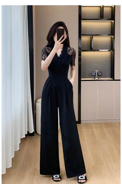 V-neck Solid Office Jumpsuit Women Elegant High Waist Wide Leg Pants Overall 2025 Fashion Slim Hollow Solid Color Romper.